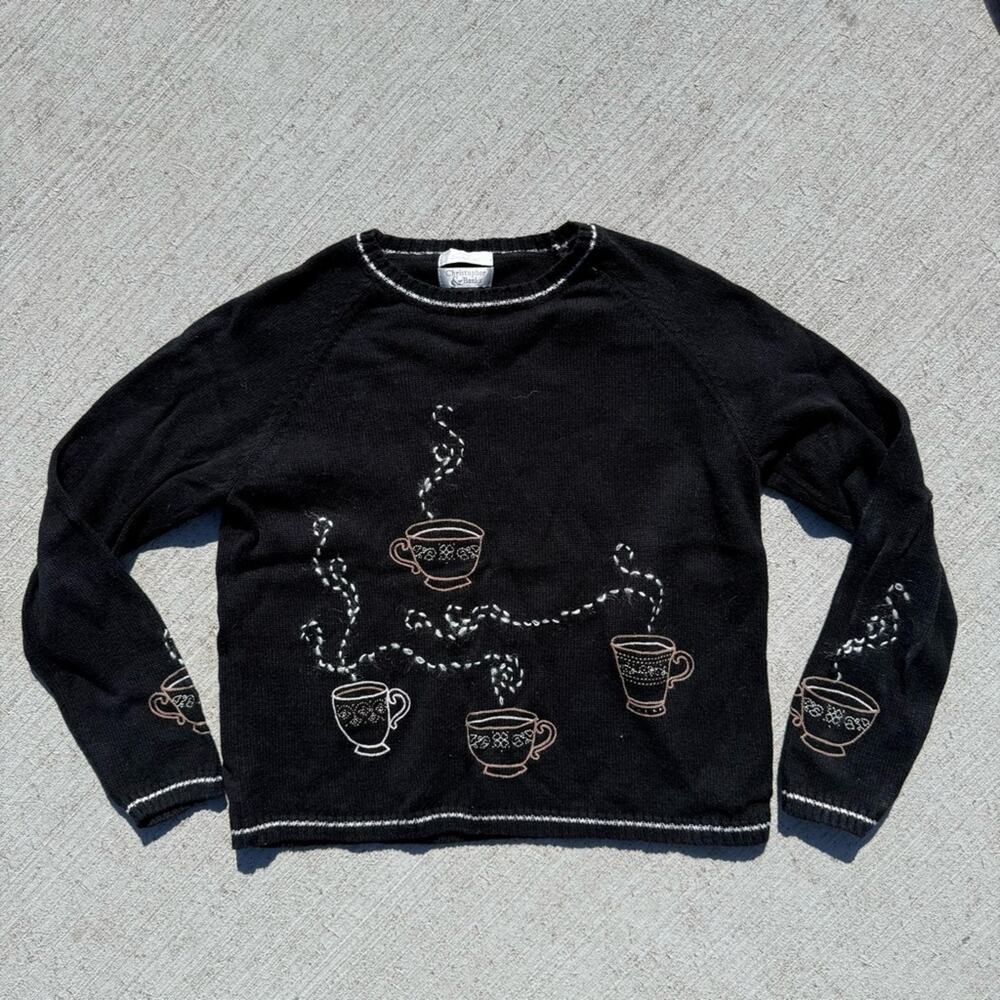 Y2K Christopher and Banks Black Coffee Cup Embroidered Crew Neck Sweater MEDIUM